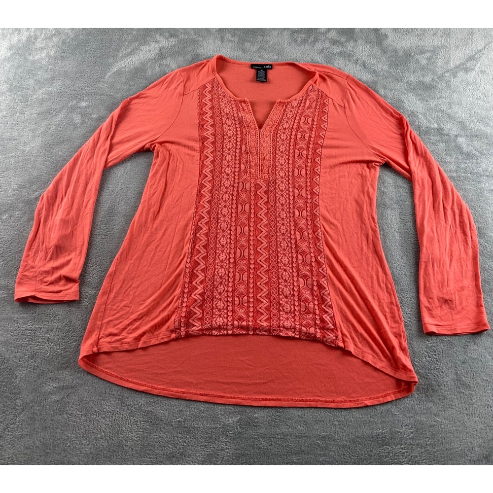 rxb Women Porcelain Rose Coral Embroidered Boho High-Low Roll-Tab Top‎ Size M